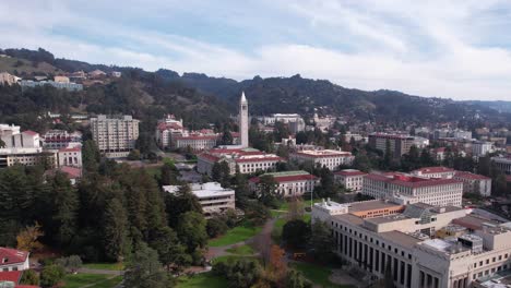 Aerial-View,-University-of-California-Berkeley-Campus-Building,-Establishing-Drone-Shot