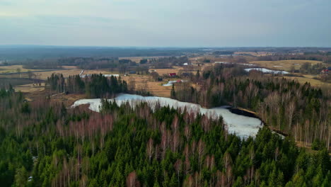 Aerial-drone-fly-above-frozen-small-lake-between-autumn-pine-trees-village-field-small-town-in-countryside-skyline-background,-autumnal-landscape,-meadows