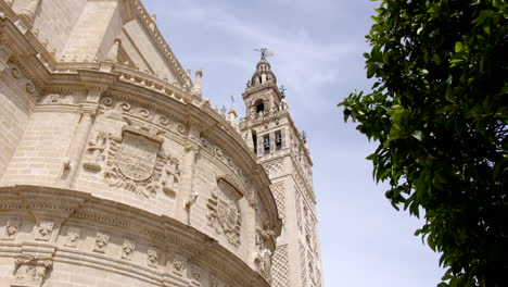Die-Gebetshalle-Außen-Im-Innenhof-Mit-Orangenbäumen-Des-Glockenturms-Giralda,-Sevilla,-Spanien