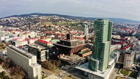 Aerial-drone-view-of-Slovak-Radio---"Inverted-pyramid"---historical-landmark-of-Bratislava-and-National-Bank-of-Slovakia