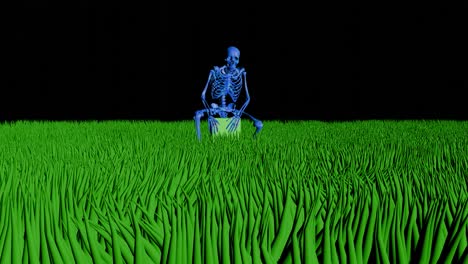 Skeleton-hanging-trip-in-green-grass-land---wind-