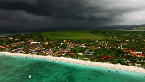 Nusa-Lembong-coast-and-surrounding-landscape-with-stormy-sky-in-background,-Bali-in-Indonesia