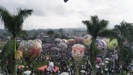 Aerial-view,-hot-air-balloon-festival-in-Kembaran-village,-Wonosobo