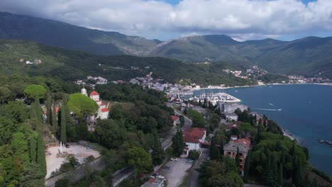 Aerial-View-of-Savina-Monastery-and-Meljine-in-Kotor-Bay,-Montenegro,-Drone-Shot