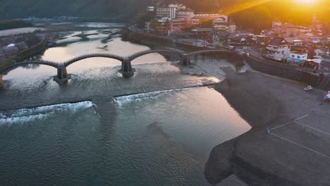 Aerial-View-Kintai-Bridge-at-Sunrise-in-Iwakuni,-Yamaguchi-Prefecture-Japan
