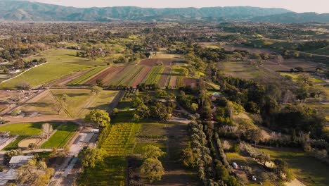 Flying-Over-Farmland-and-Wine-Country-in-Santa-Ynez-California,-Drone-Footage-of-Quaint-Central-Coast-Town-with-Fields-and-Farms-and-Vintner-Estates