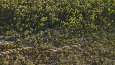 Aerial-orbital-clip-of-4x4-driving-slowly-in-remote-outback-Australia,-late-afternoon-on-bush-track,-clip-five