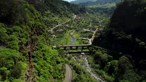 Aerial-View-of-Scenic-Road-in-Madeira-Mountains-on-Sunny-Day