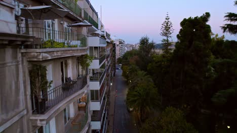Drone-flyover-close-to-French-style-balconies-from-Ismael-Valdes-Vergara-street,-Fine-Arts-Neighborhood,-Santiago-de-Chile