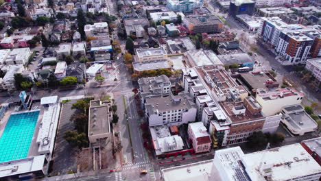 Drone-Shot-of-Downtown-Berkeley,-California-USA,-Buildings-and-Streets