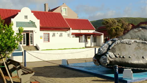 Iconic-whale-sculpture-in-front-of-historic-Hermanus-whale-museum,-static-shot