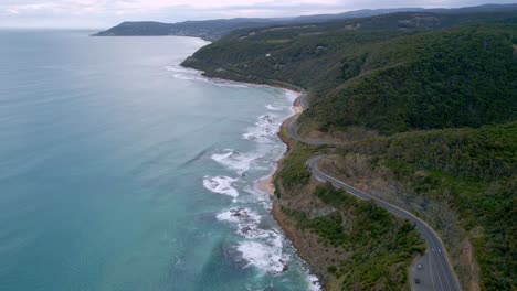 Australia's-famous-Great-Ocean-Road-highway-aerial-shot-of-winding-roads-and-coastline-in-Victoria