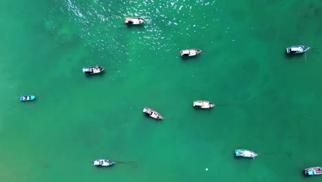 Aerial-drone-landscape-of-sail-charter-boats-docked-on-sandbar-ocean-floor-reef-marine-yachts-mast-Weligama-Midigama-Sri-Lanka-Asia-travel-tourism