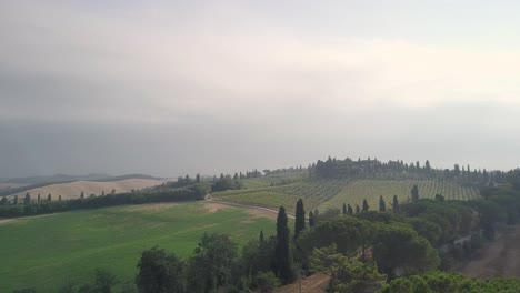 Tuscany-Italy-foggy-landscape-on-cypress-hill-agricultural-field-morning-light-aerial-footage