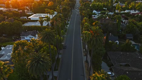 Drone-Footage-Flying-Above-Upscale-Beverly-Hills-Homes-in-Los-Angeles,-California-at-Golden-Hour,-Palm-Trees-Lining-the-Street