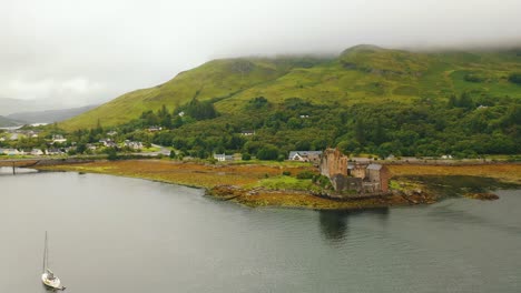 Aerial-Pan-of-Scottish-Castle-on-Loch-in-the-Scottish-Highlands,-Scotland,-United-Kingdom,-Europe