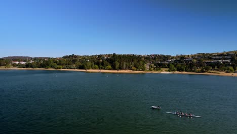 Rowers-On-Quad-Scull-During-Competition-In-Jindabyne-Lake-In-New-South-Wales,-Australia