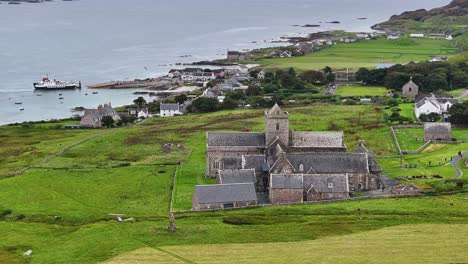 Aerial-View-of-Iona-Abbey-and-Nunnery,-Landscape-and-Coastal-Buildings,-Scotland-UK