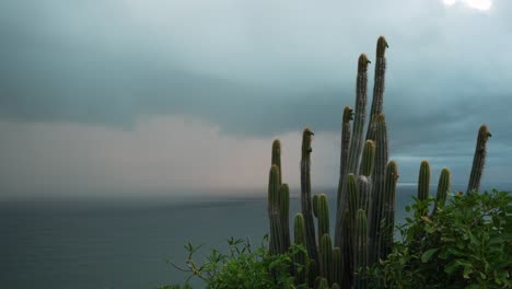 Tropical-Caribbean-weather,-dark-storm-clouds-approaching-Saint-Lucia-coast
