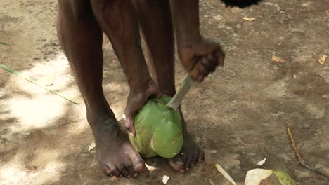 Indigenous-Man-With-A-Knife-Peeling-Coconut-In-Spice-Farm,-Zanzibar,-Unguja-Island,-Tanzania