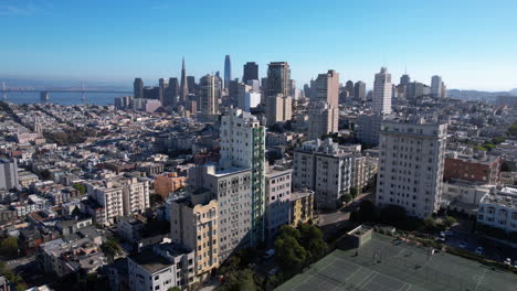 San-Francisco-USA-Cityscape-Skyline,-Aerial-View-of-Central-Towers-From-Russian-Hill-Neighborhood,-Drone-Shot