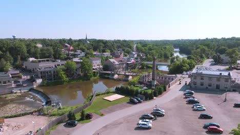 Elora-Ontario-60fps-Slow-Aerial-Over-Historic-19th-Century-Downtown-On-The-Grand-River