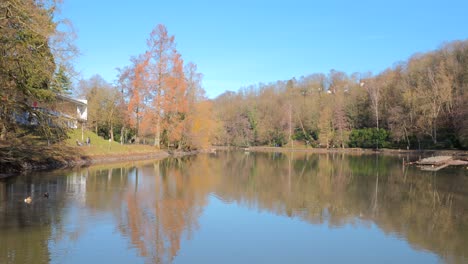 Reflections-Over-Tranquil-Lake-In-German-French-Garden,-Saarbrucken-Germany