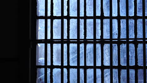 Alcatraz-Federal-Penitentiary,-Metal-Bars-on-Window-Detail,-Close-Up,-California-USA