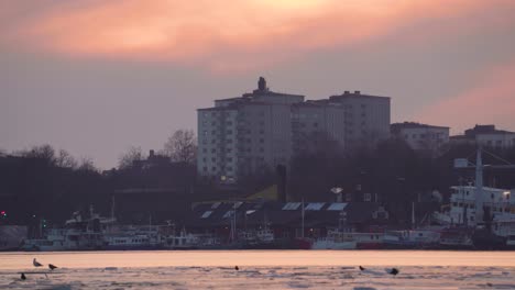 Telephoto-shot-of-apartment-buildings-in-Stockholm-against-a-orange-sunset