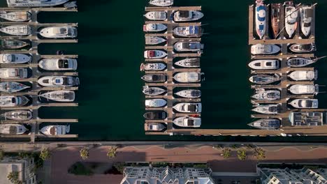 Vista-De-Arriba-Hacia-Abajo-De-Yates-En-El-Puerto-Deportivo,-Marina-Del-Rey,-Los-Angeles,-California---Disparo-De-Drone