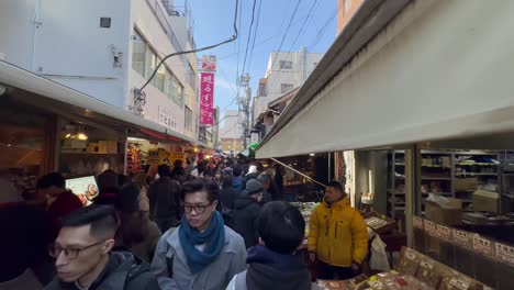 Folgen-Sie-Der-Aufnahme-Von-Käufern,-Die-Durch-Den-Tsukiji-Fischmarkt-In-Tokio,-Japan,-Gehen