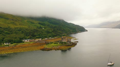 Wide-aerial-pan-around-Castle-in-Scotland