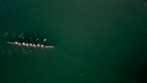 Aerial-View-Of-Rowers-In-Eight-oar-Rowing-Boats-Near-Marina-Del-Rey-In-California,-USA