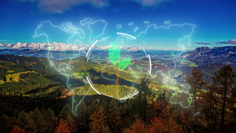 Mountain-forest-converts-carbon-dioxide-into-oxygen-for-a-clean,-sustainable-future-for-the-Earth---time-lapse-with-a-world-map-graphic-concept