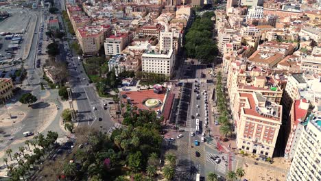 Malaga-city-centre-old-town-square-buildings-aerial-drone-4K-footage-establish-shot