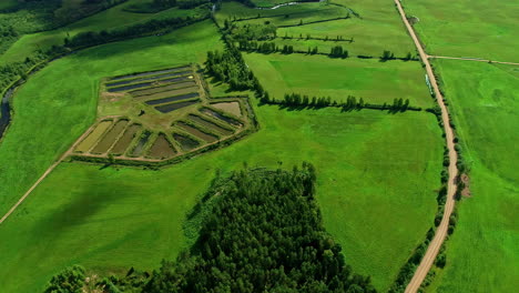 Aerial-drone-fly-slow-above-green-agricultural-fields-with-water-ponds,-rivers-paths-crossing-a-green-forest,-skyline-background,-establishing-shot