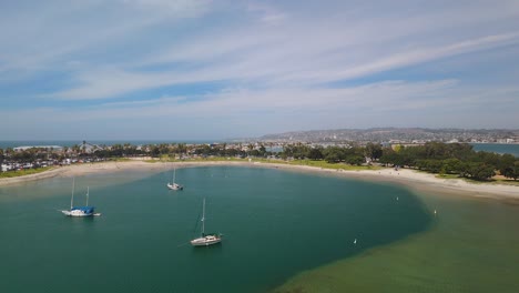 Veleros-En-La-Playa-Y-El-Parque-Bonita-Cove-En-Mission-Bay,-San-Diego,-California