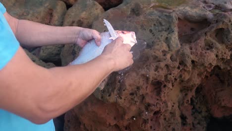 Sea-Rocks-Ritual:-Male-Hands-Work-to-Remove-Fish-Bones-by-the-Ocean