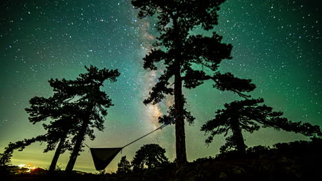 Milky-way-moving-through-the-night-sky-over-camp-ground-in-the-forest