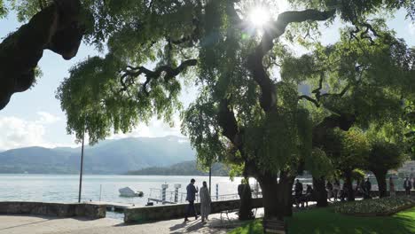 Las-Llamaradas-Solares-Pasan-A-Través-De-Las-Ramas-De-Los-árboles-En-La-Ciudad-De-Menaggio,-Cerca-Del-Lago-De-Como.