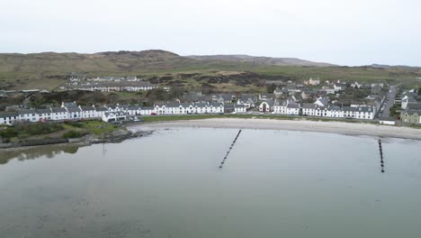 Aerial-Sweep-of-Port-Ellen-Mainstreet,-Islay