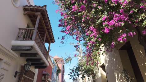 POV-Walking-Along-Old-Town-Street-In-Cartagena,-Colombia-Past-Building-With-Colourful-Plants-Hanging-From-Roof