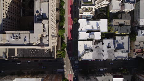 San-Francisco-USA,-Top-Down-Aerial-View-of-Downtown-Street-Traffic-and-Buildings-Rooftops