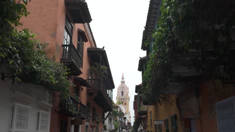 Looking-Along-Old-Town-Street-In-Cartagena,-Colombia-With-Green-Shrub-Plants-Hanging-From-Balcony