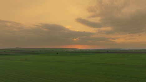 Toma-Aérea-Que-Muestra-Campos-Agrícolas-Verdes-Puesta-De-Sol-En-El-Fondo,-Hdr