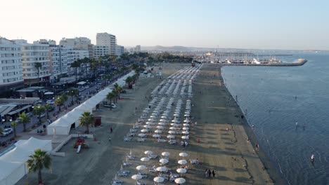 Finikoudes-Beach-Coastline-in-Larnaca-City,-Cyprus,-Aerial-View