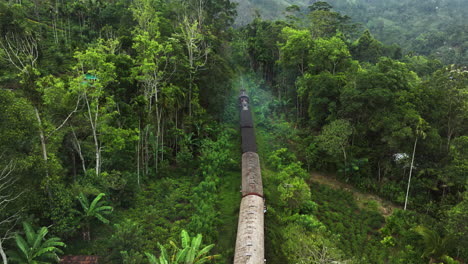 Drone-following-a-train-passing-through-remote-jungles-of-cloudy-Sri-Lanka