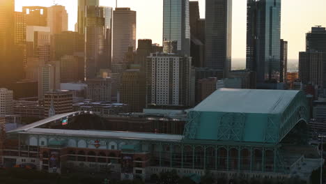 70mm-drone-shot-approaching-the-Minute-maid-park,-sunny-morning-in-Houston,-USA