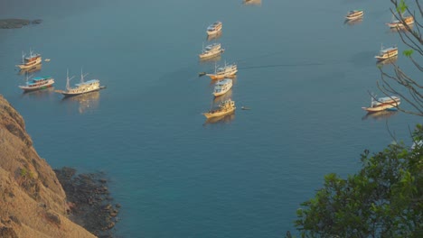 Muchos-Barcos-Anclados-En-La-Bahía-De-La-Isla-Padar,-Indonesia