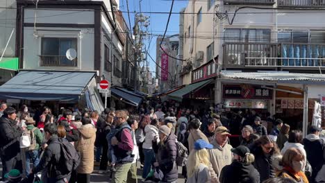 Touristen-Laufen-Durch-Die-Menschenmassen-Auf-Dem-Tsukiji-Fischmarkt,-Tokio,-Japan